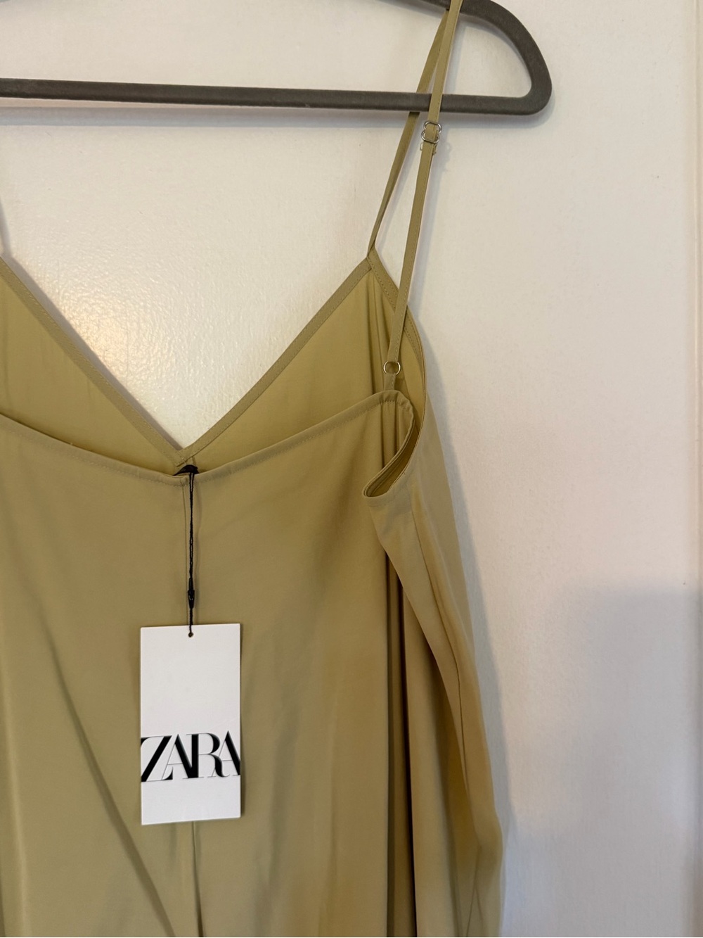 Zara Olive-Green Strapless Slip Dress with Spaghetti Straps